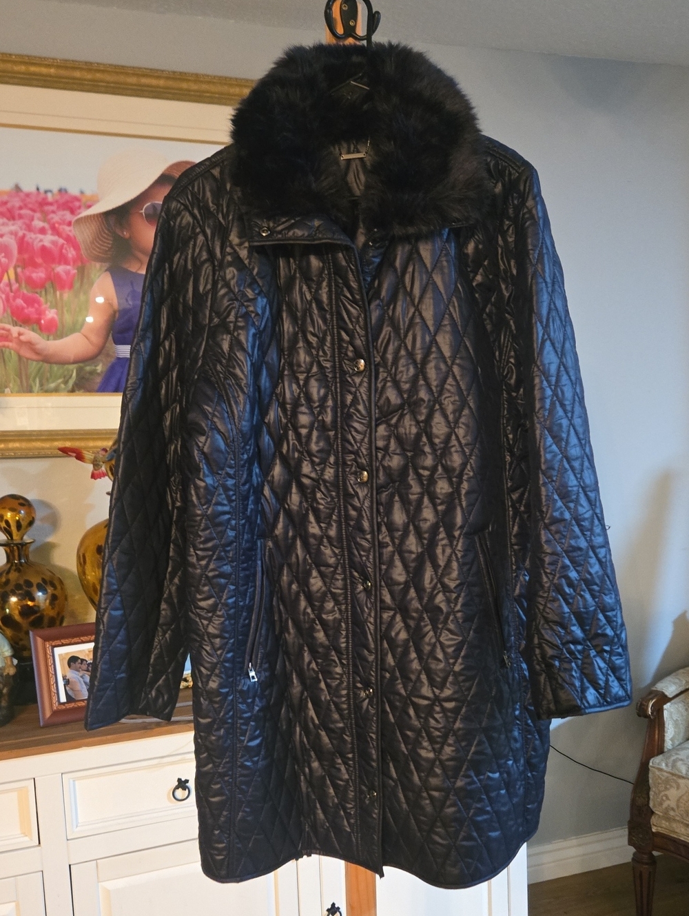 Chico's Black Quilted Puffer Coat with Faux Fur Collar